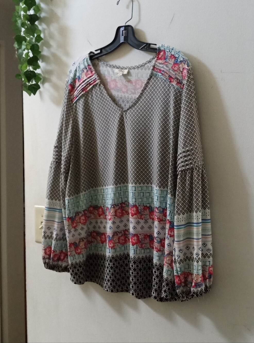 Style & Co. Mixed-Print V-Neck Tunic in Mint, Coral and Black